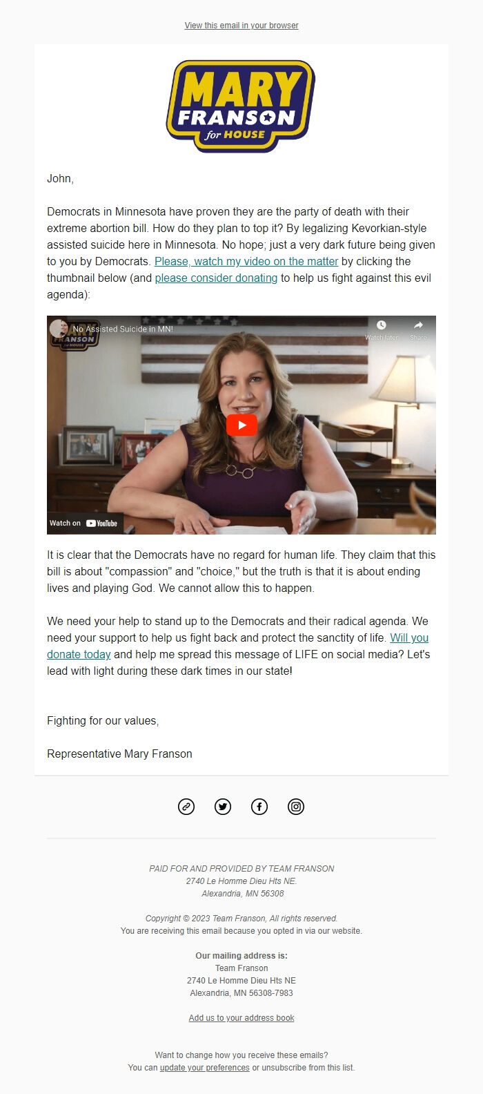 Screenshot of the email generated on import