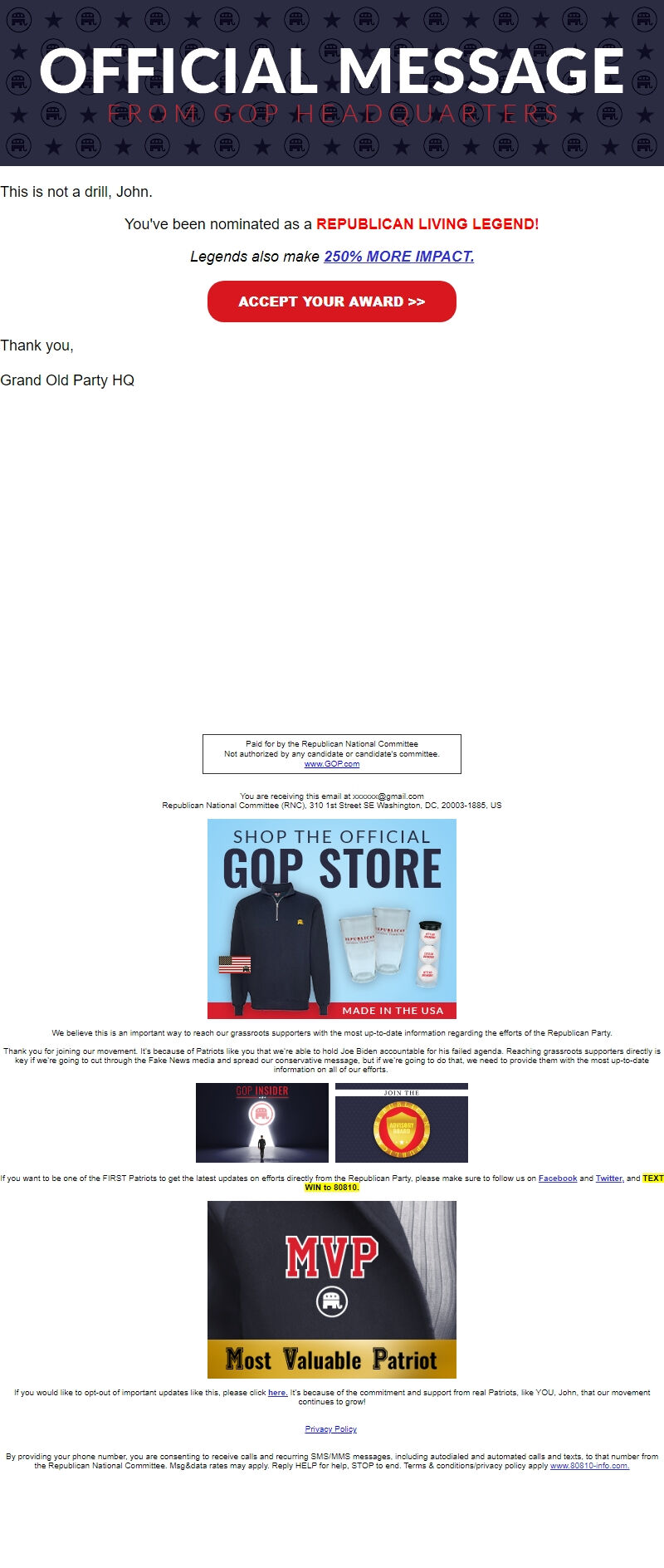 Screenshot of the email generated on import