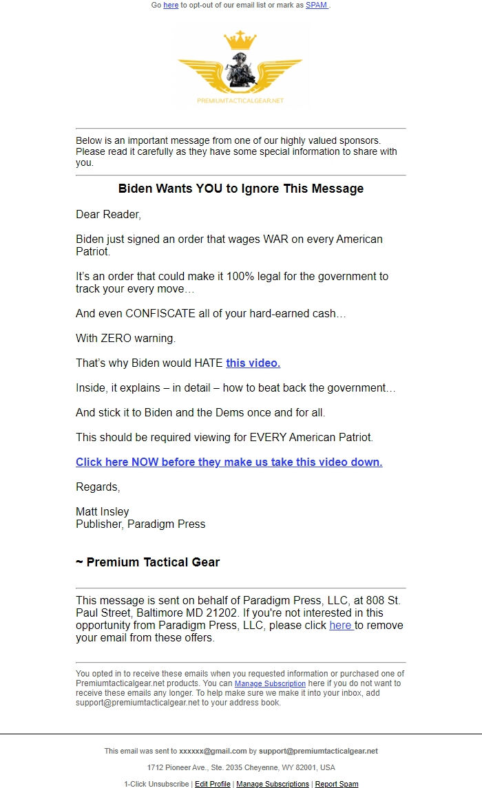 Screenshot of the email generated on import