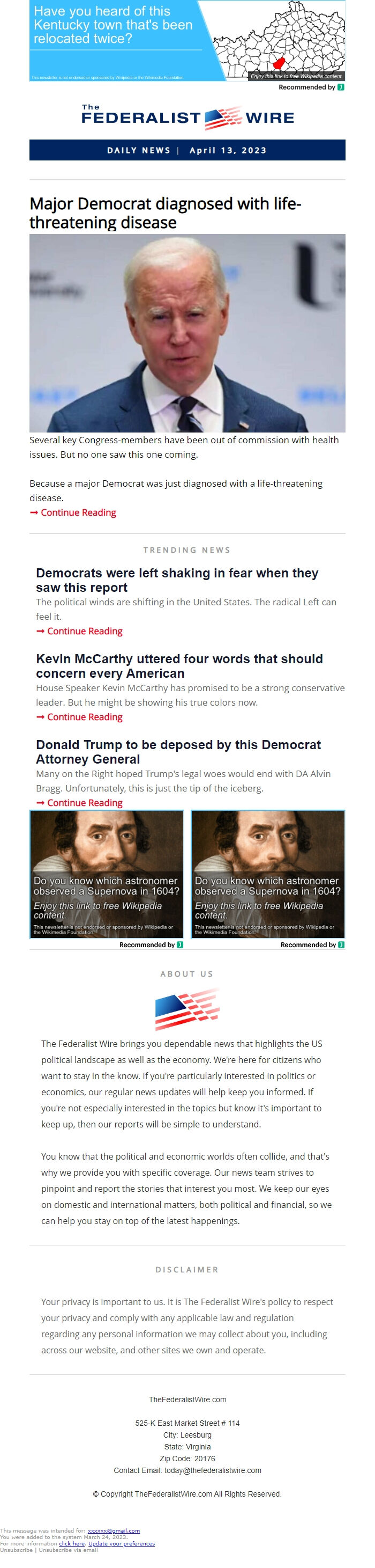 Screenshot of the email generated on import