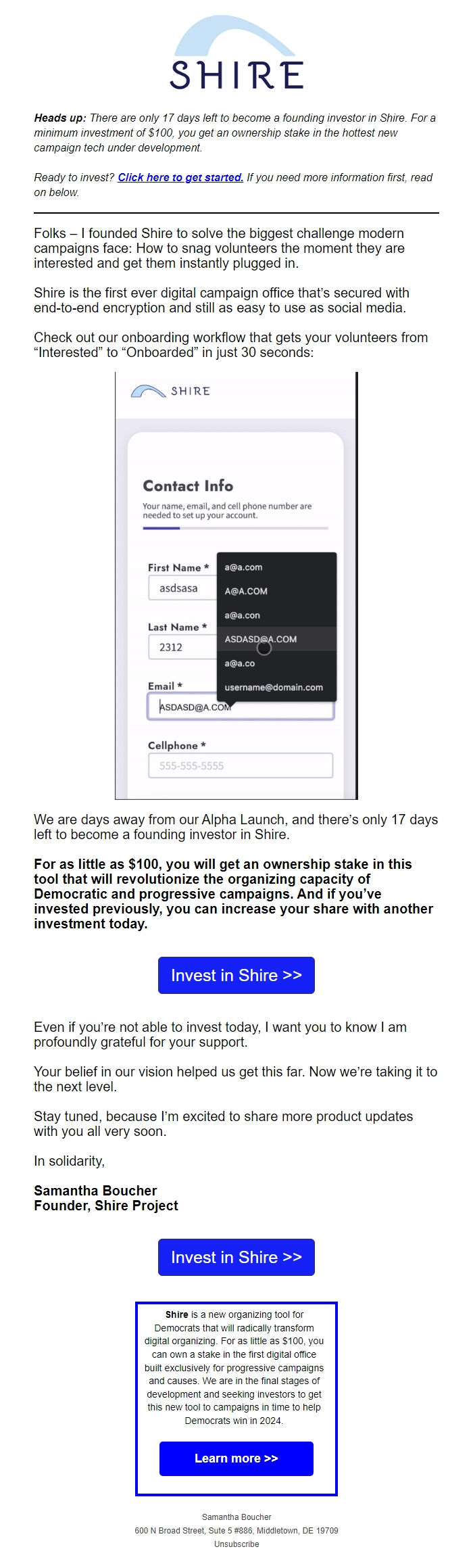 Screenshot of the email generated on import
