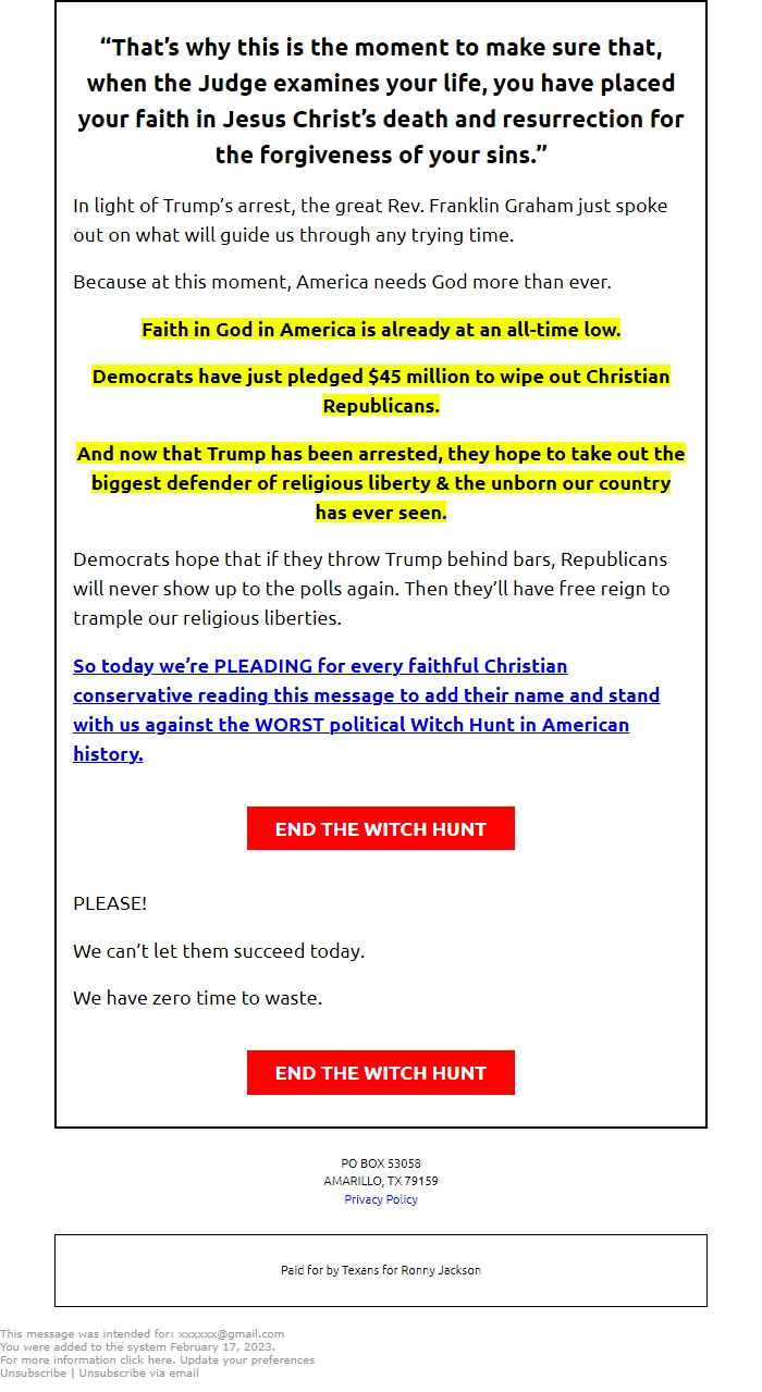 Screenshot of the email generated on import