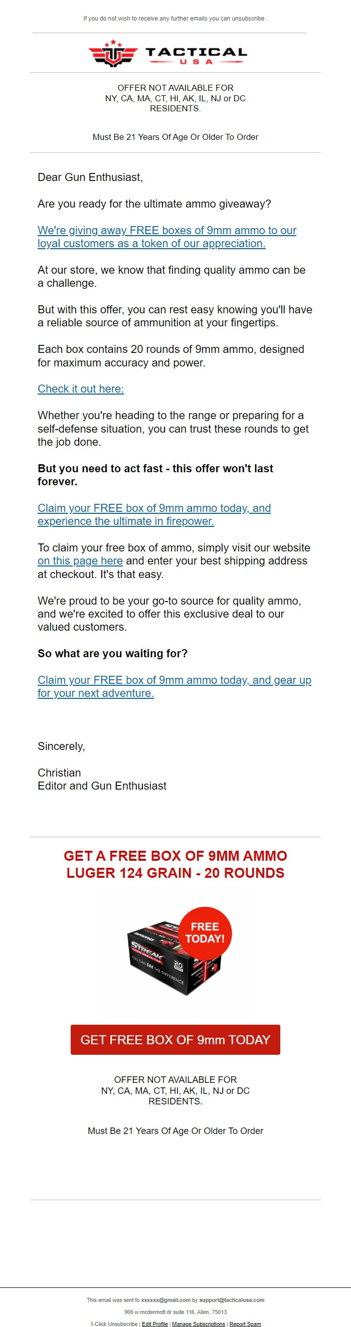 Screenshot of the email generated on import