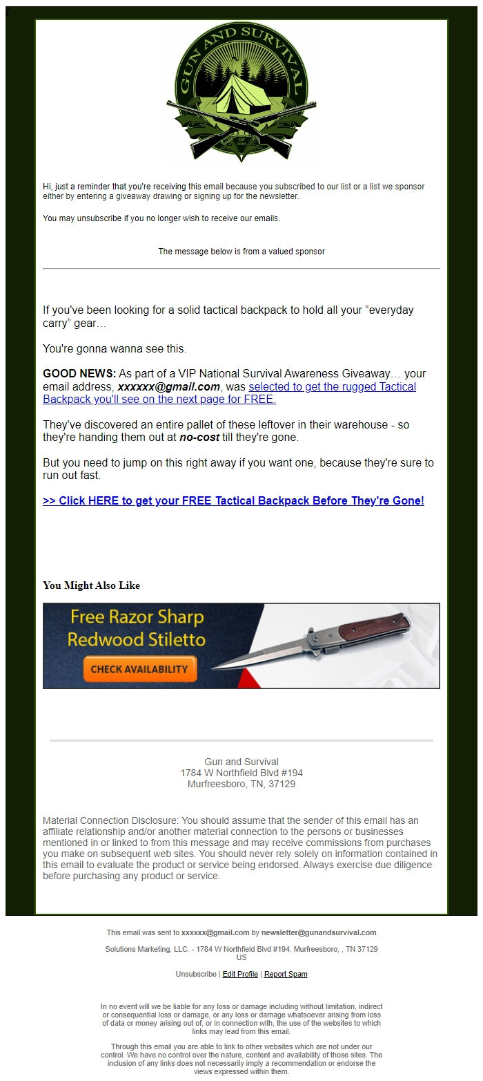 Screenshot of the email generated on import