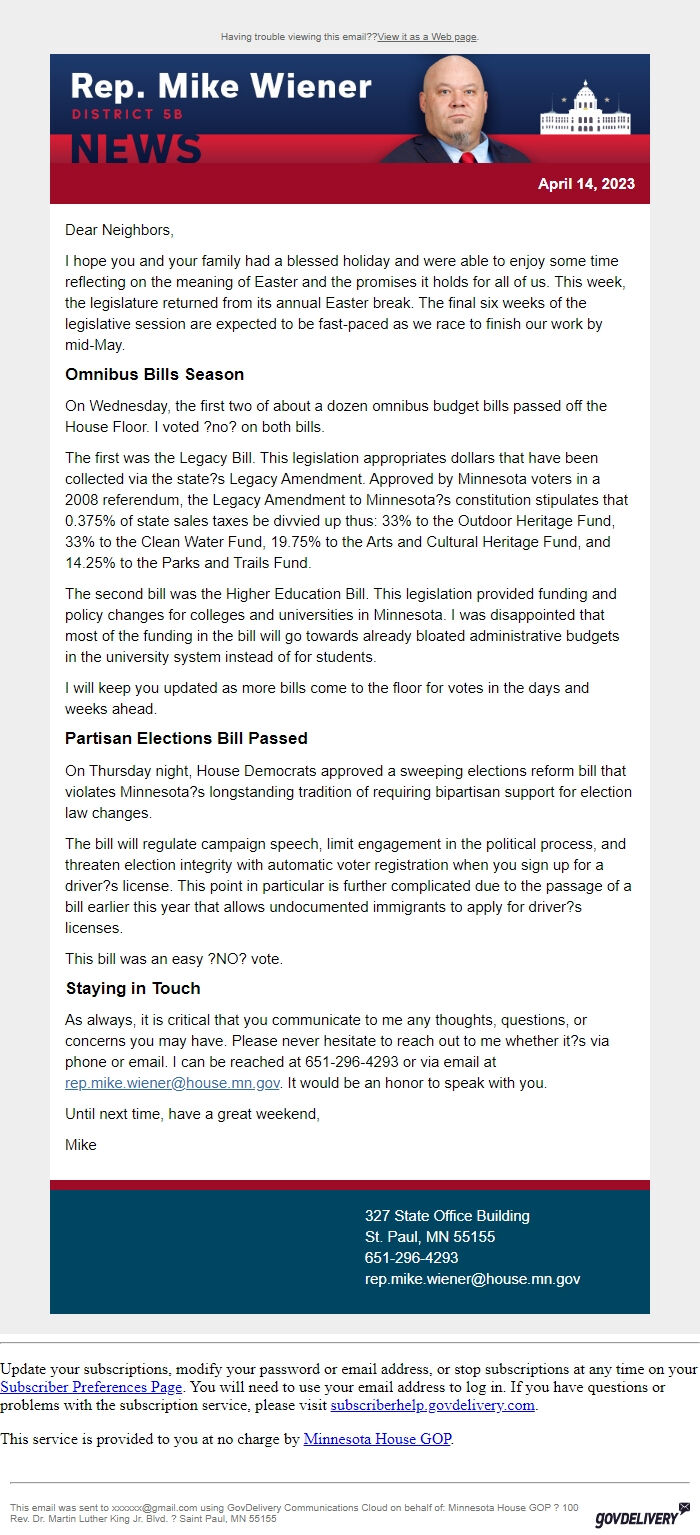 Screenshot of the email generated on import