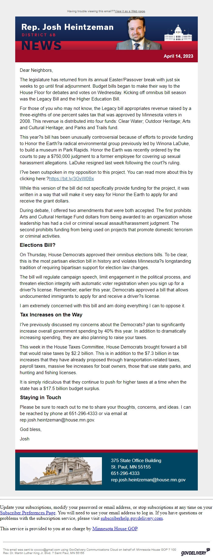 Screenshot of the email generated on import