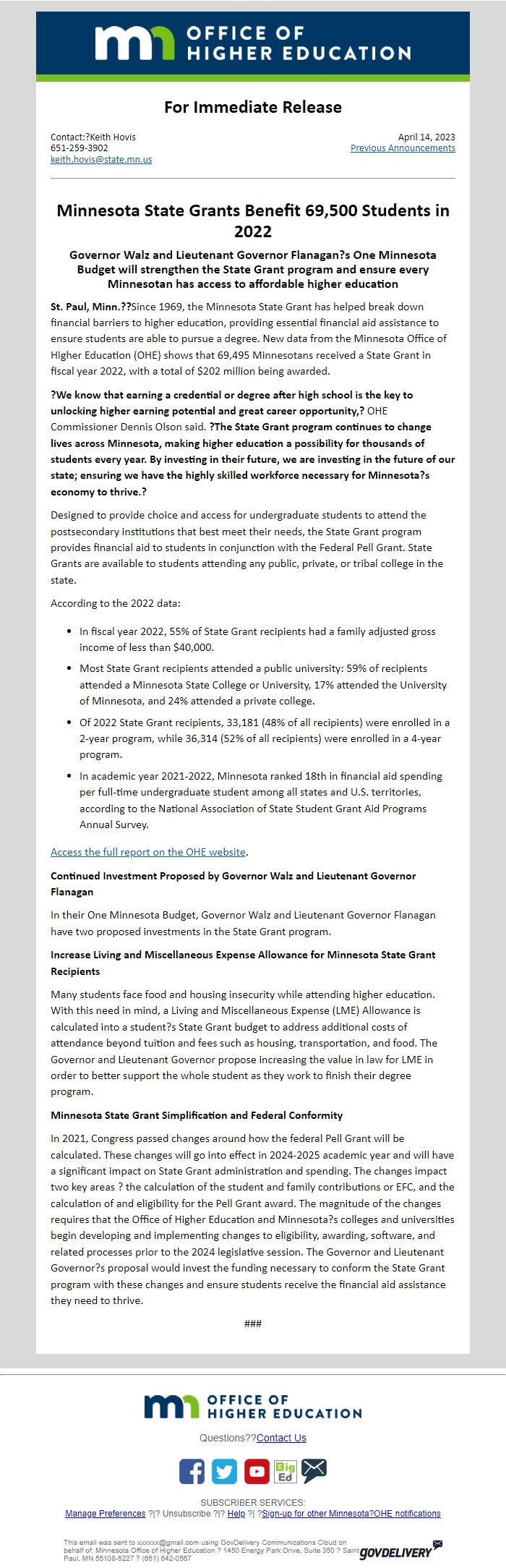 Screenshot of the email generated on import