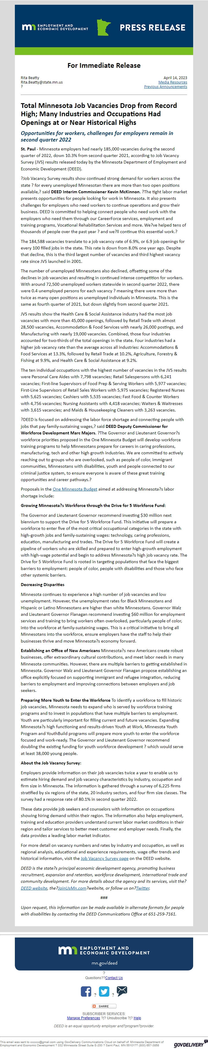 Screenshot of the email generated on import