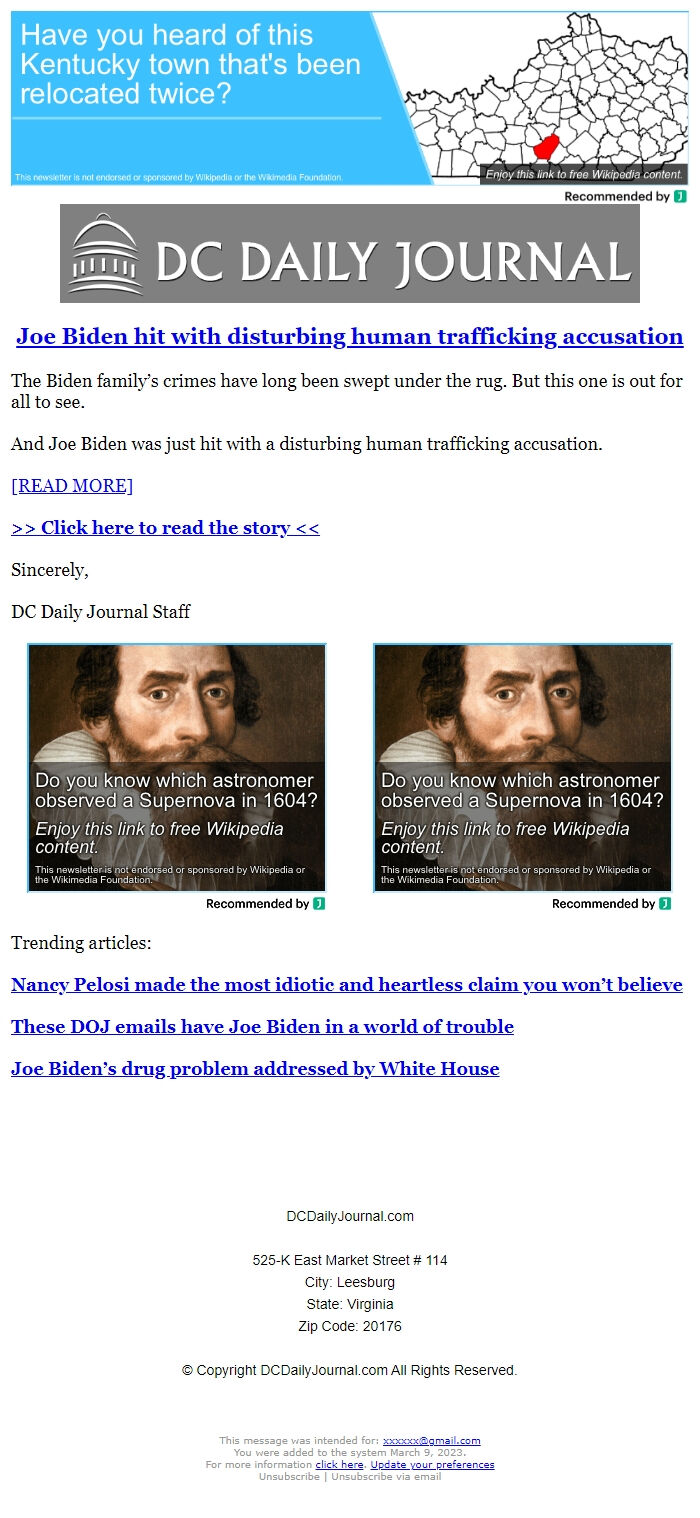 Screenshot of the email generated on import