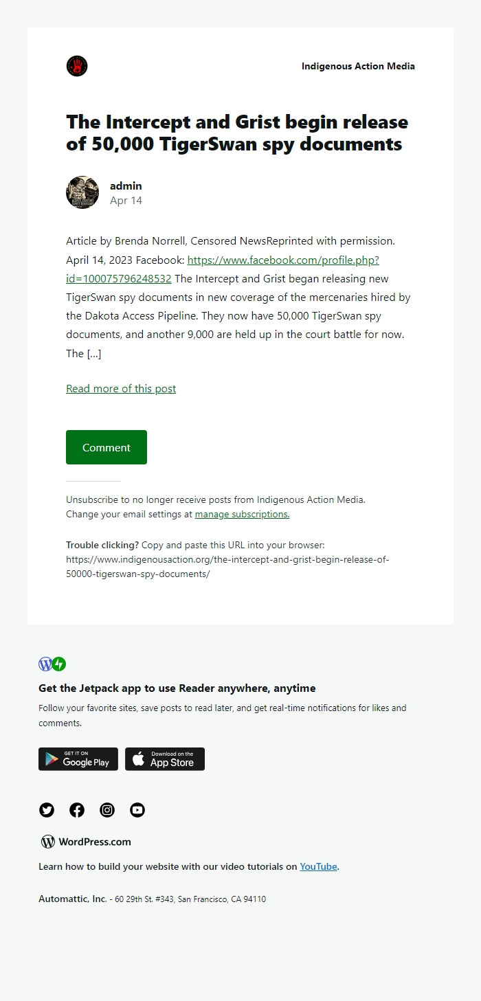 Screenshot of the email generated on import