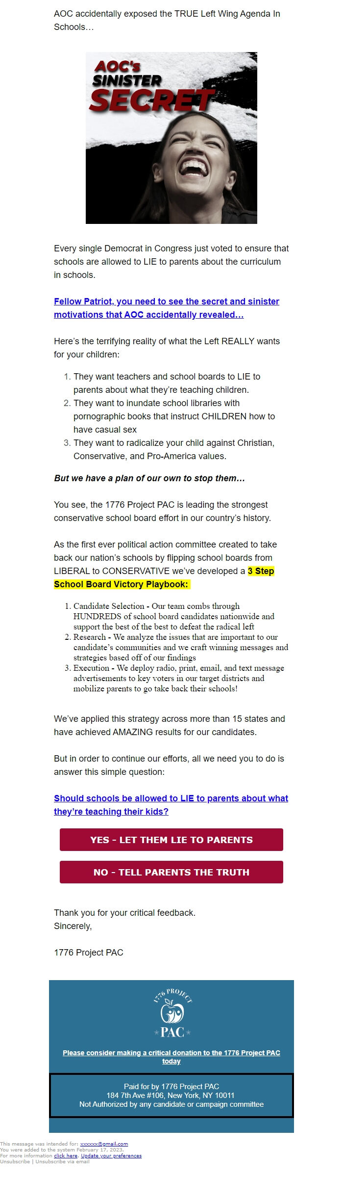 Screenshot of the email generated on import