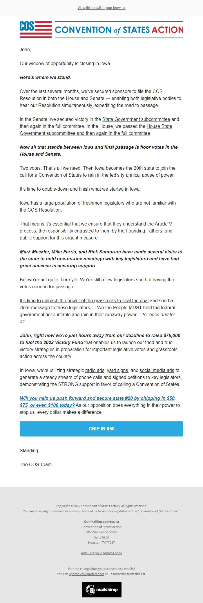Screenshot of the email generated on import