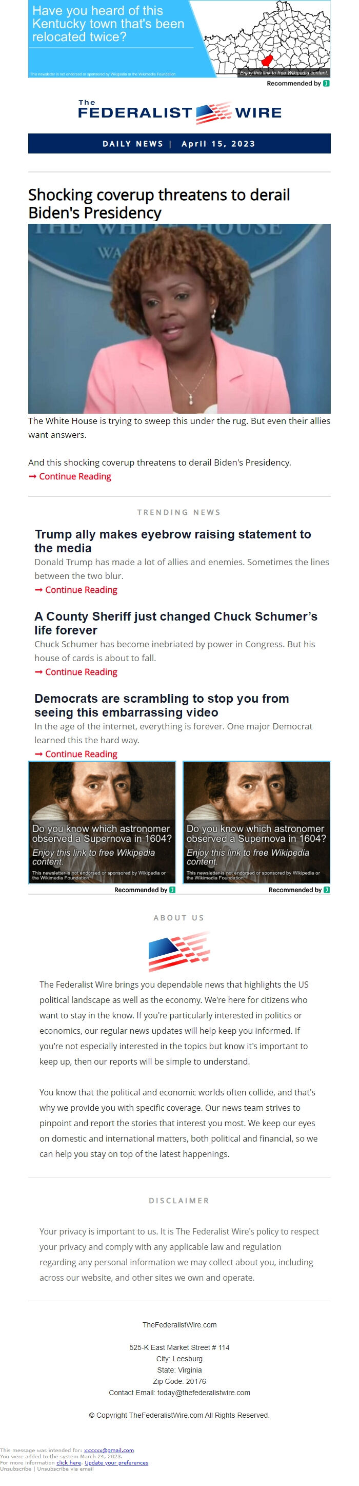 Screenshot of the email generated on import