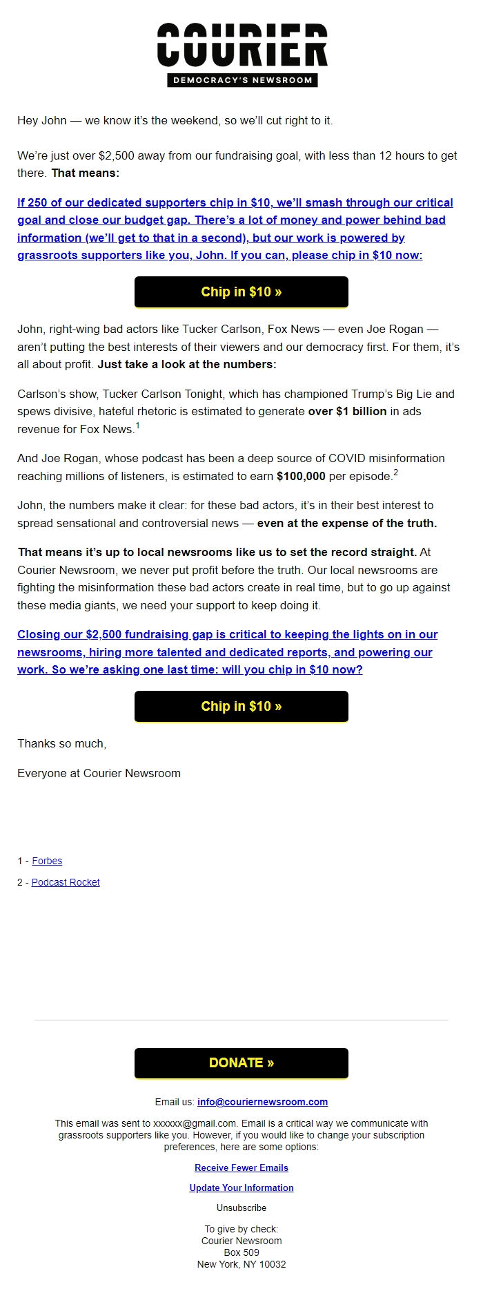 Screenshot of the email generated on import