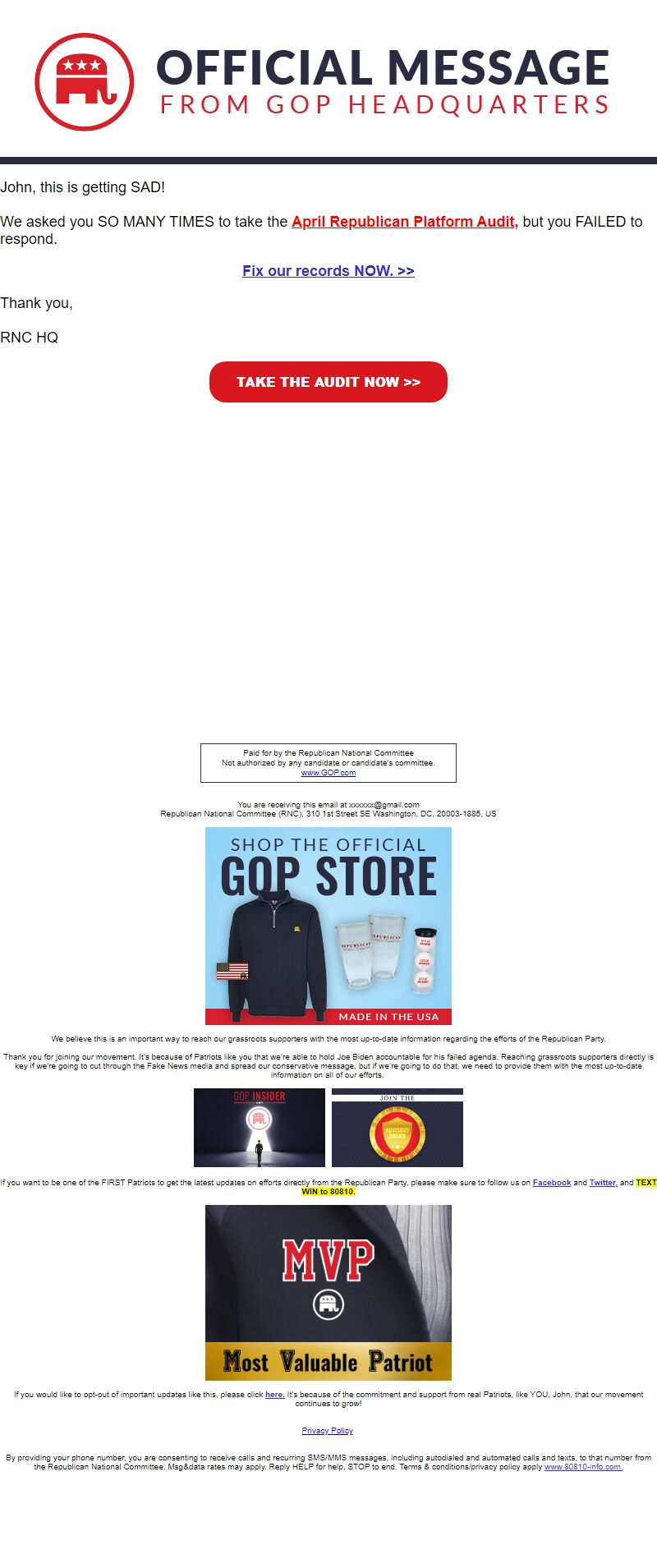 Screenshot of the email generated on import