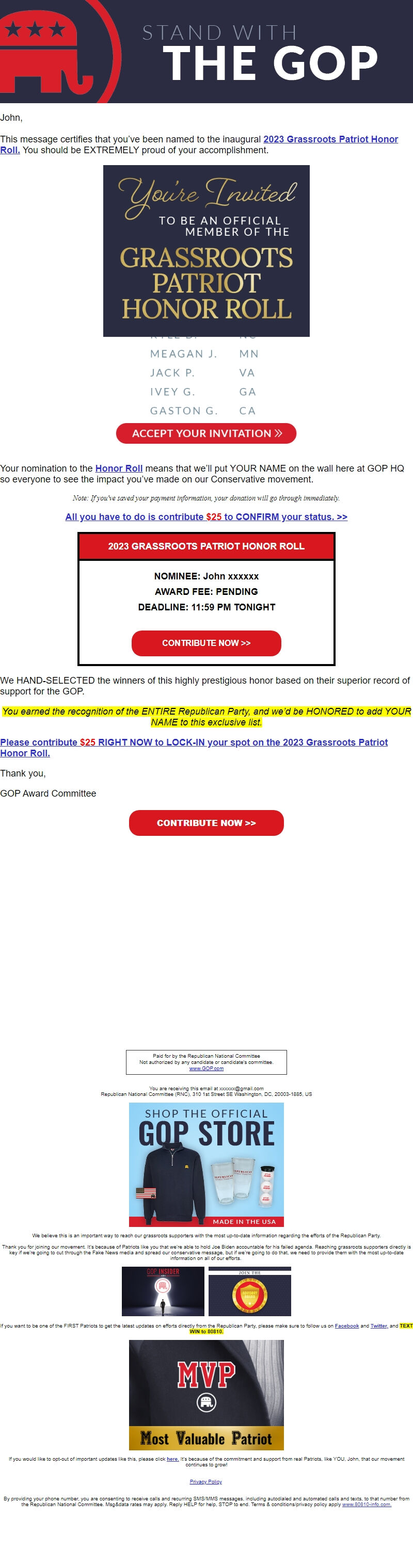 Screenshot of the email generated on import