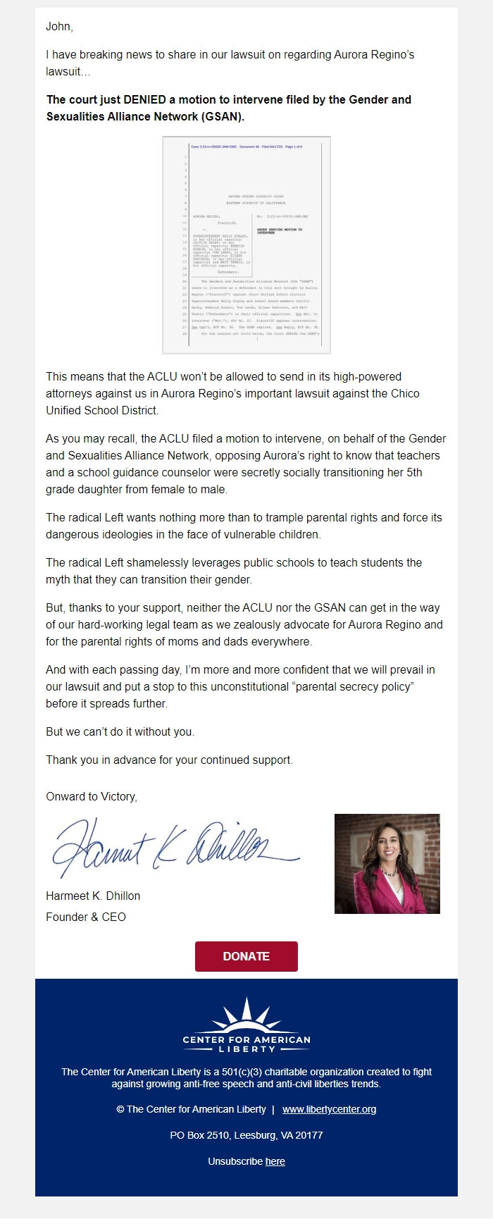 Screenshot of the email generated on import