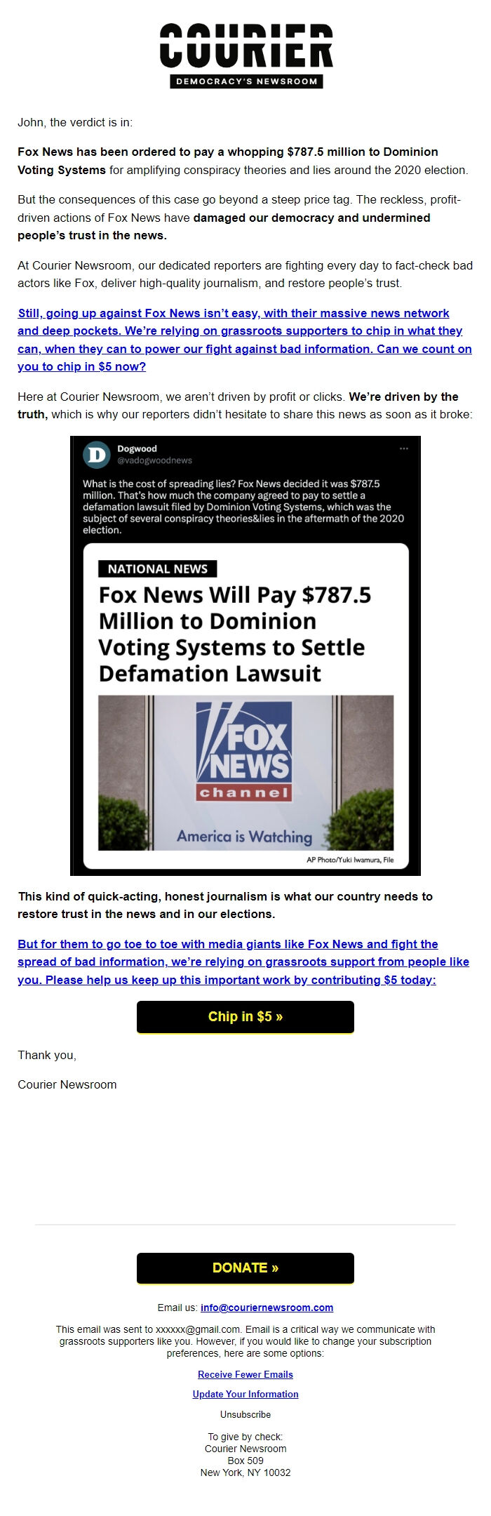 Screenshot of the email generated on import