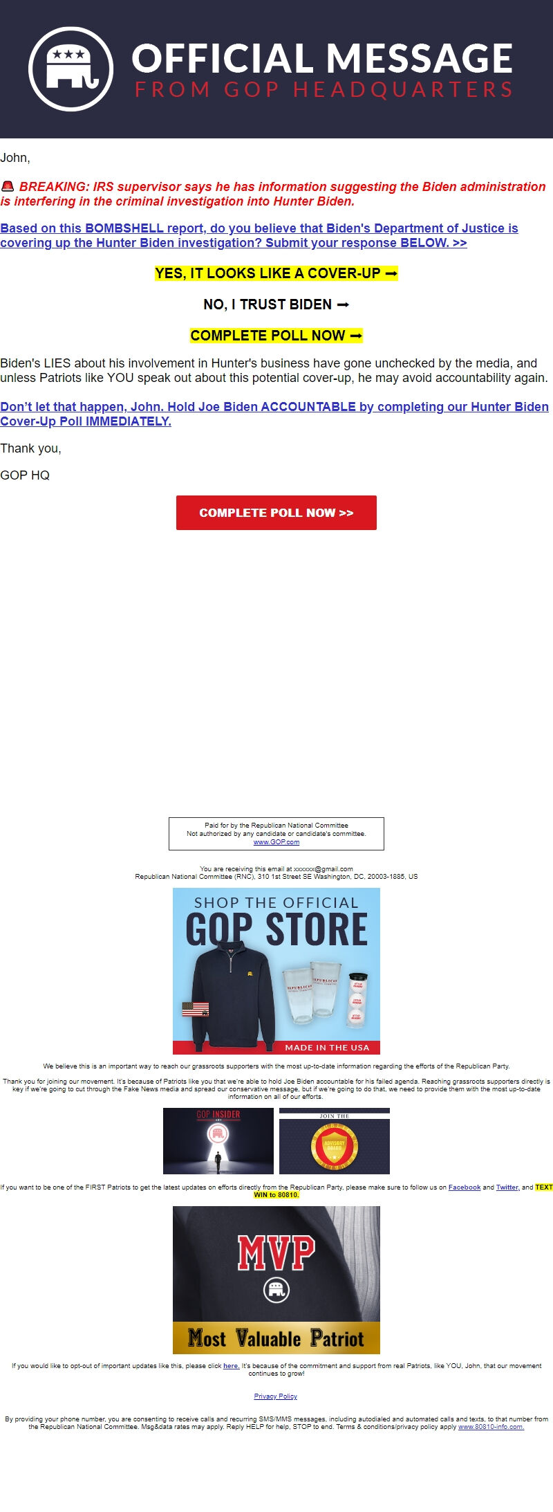 Screenshot of the email generated on import