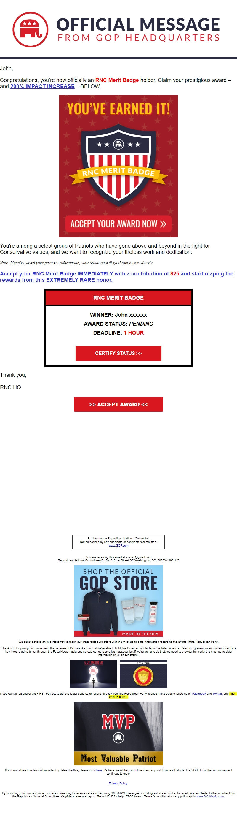 Screenshot of the email generated on import