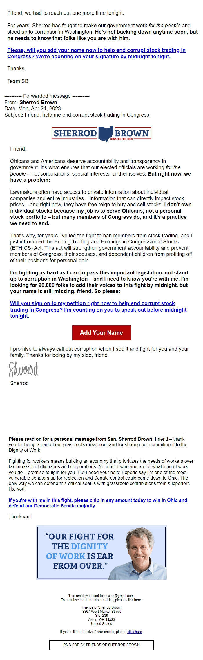 Screenshot of the email generated on import