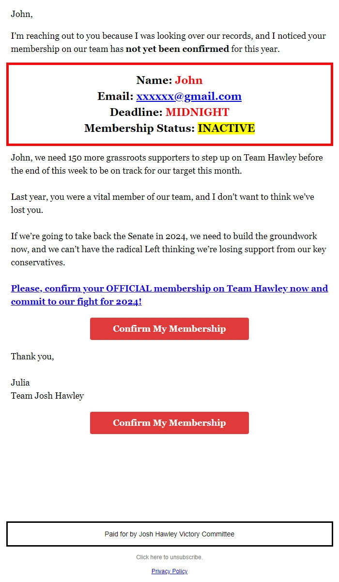 Screenshot of the email generated on import