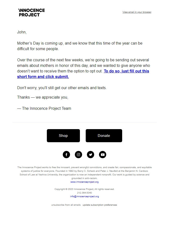 Screenshot of the email generated on import