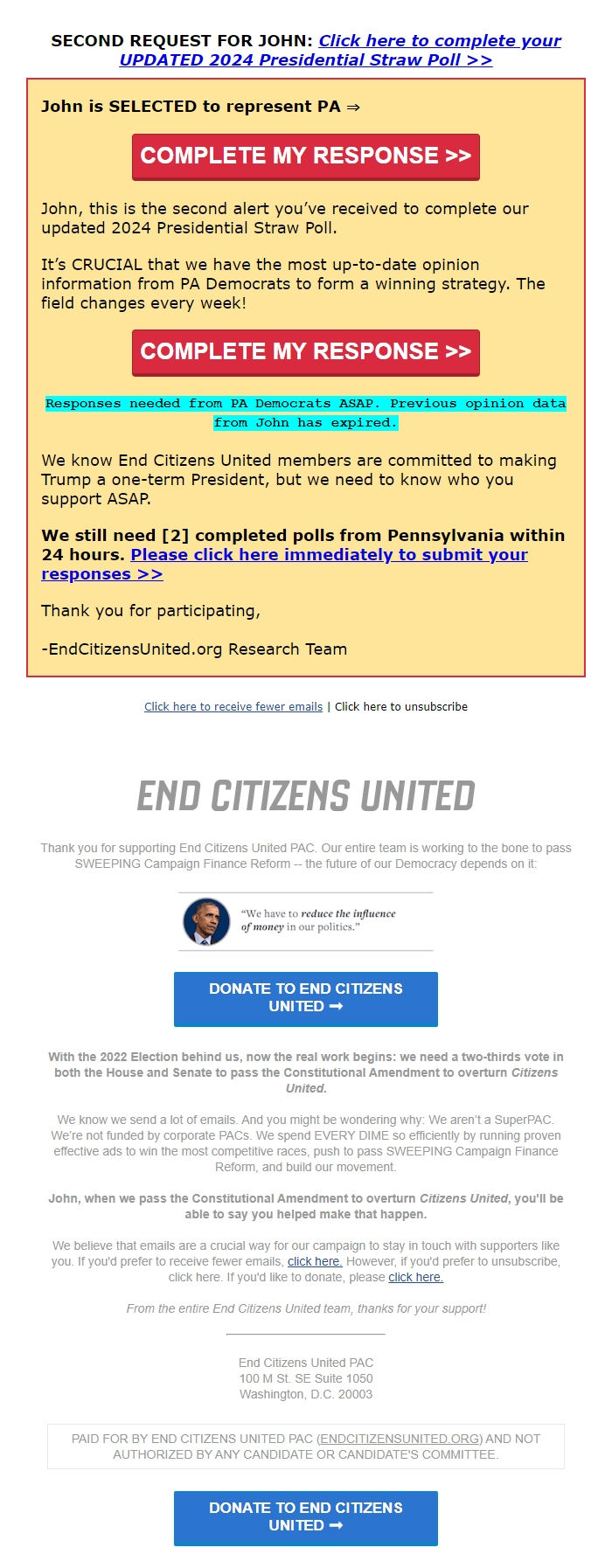 Screenshot of the email generated on import