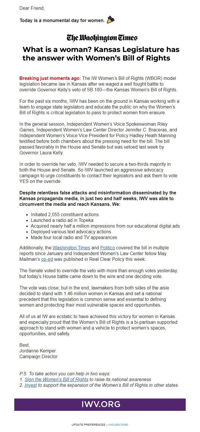 Screenshot of the email generated on import