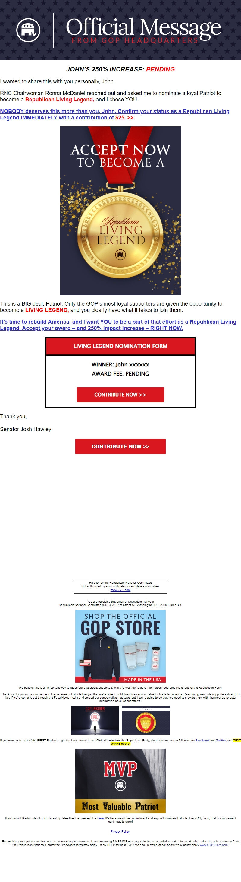 Screenshot of the email generated on import