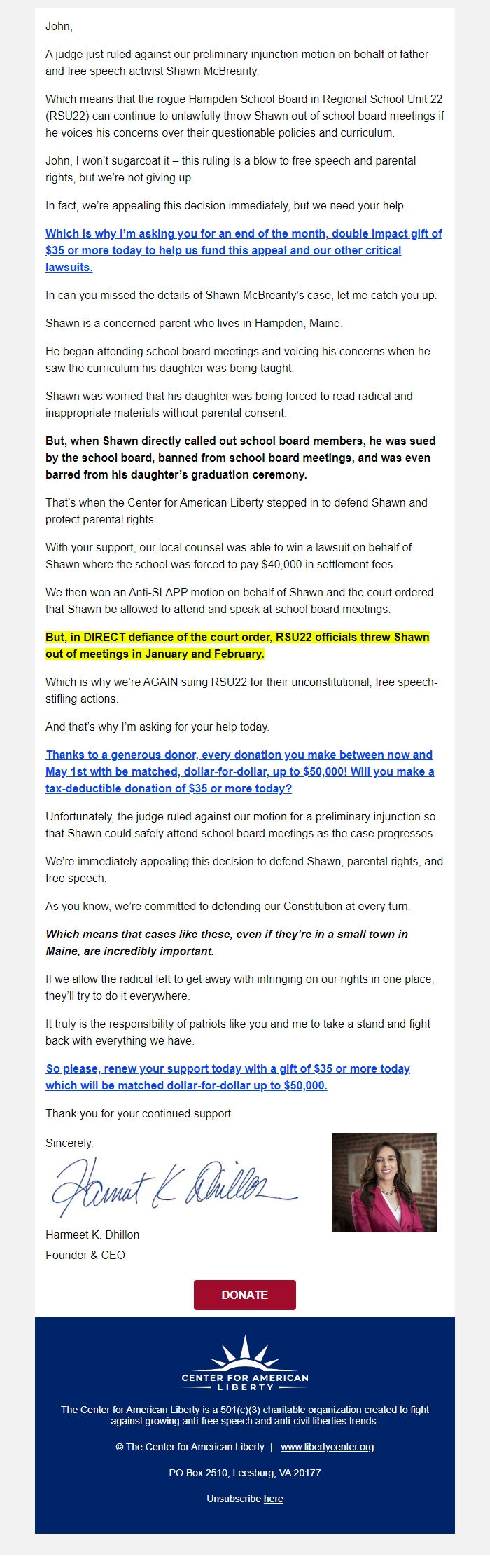 Screenshot of the email generated on import