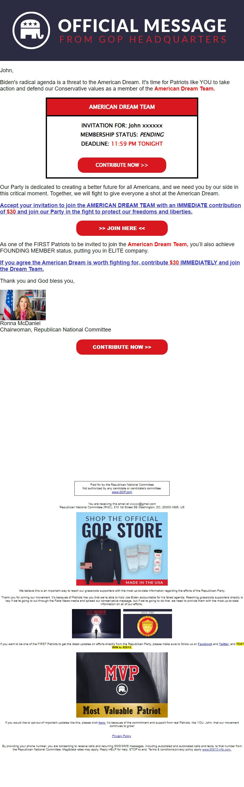 Screenshot of the email generated on import