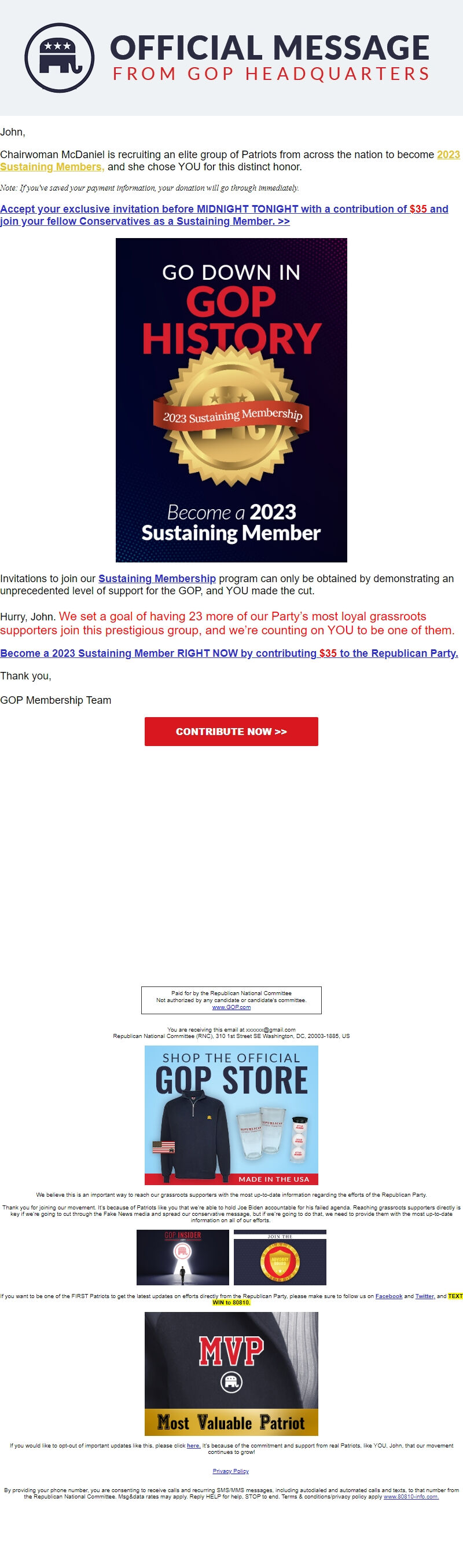 Screenshot of the email generated on import
