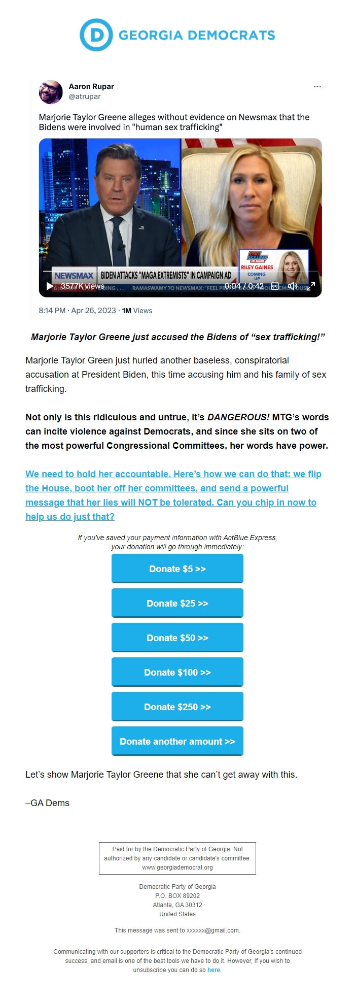 Screenshot of the email generated on import