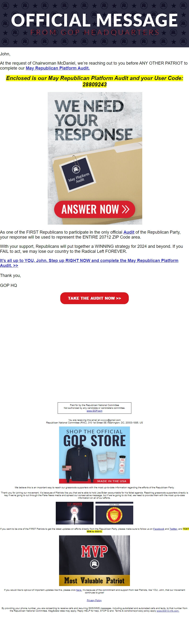 Screenshot of the email generated on import