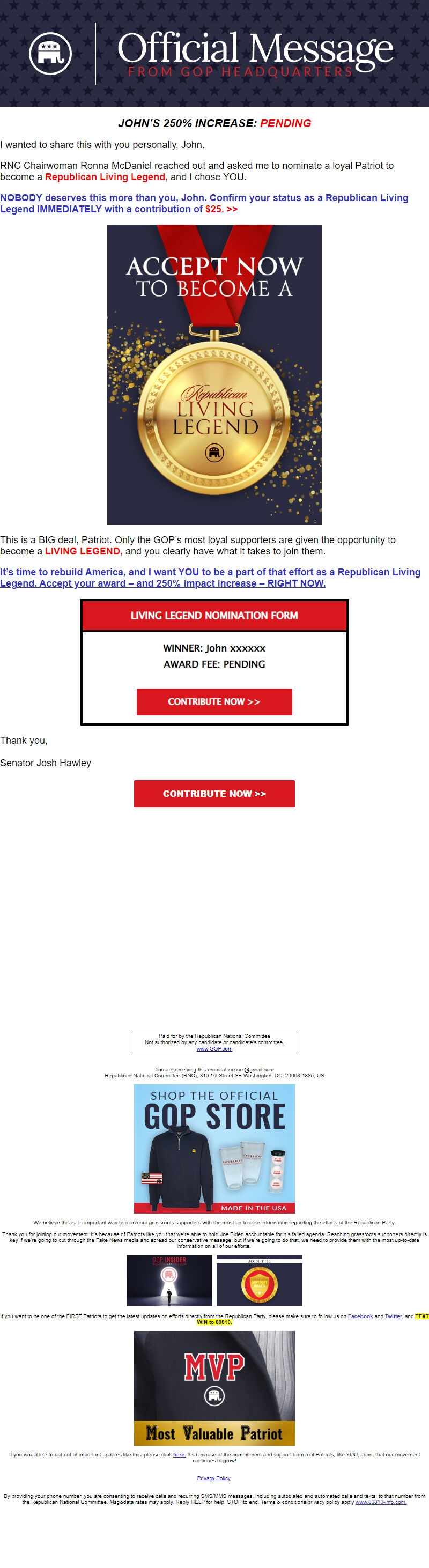 Screenshot of the email generated on import