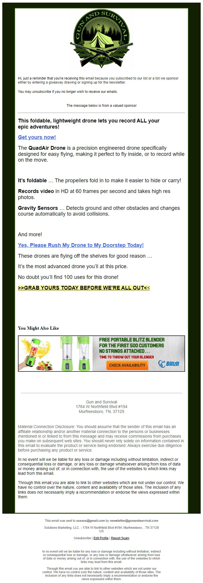 Screenshot of the email generated on import