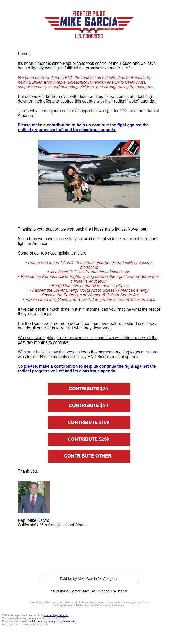 Screenshot of the email generated on import