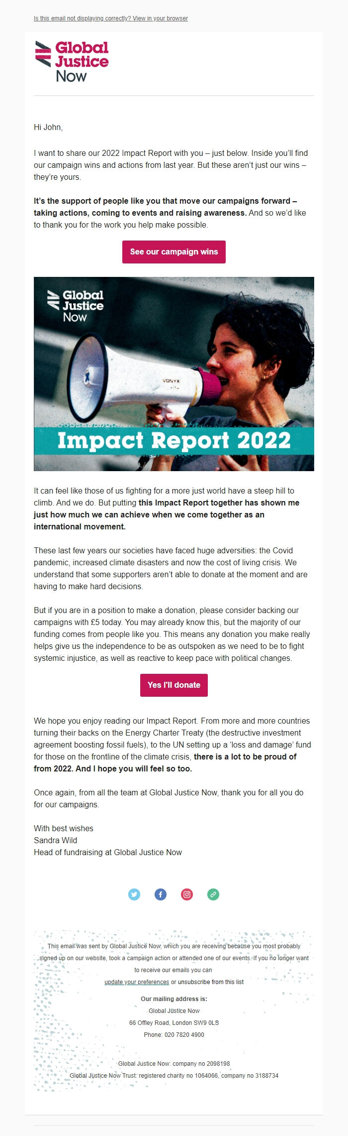 Screenshot of the email generated on import