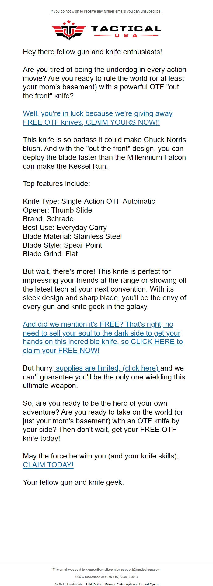 Screenshot of the email generated on import