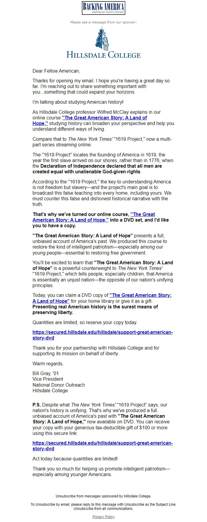 Screenshot of the email generated on import