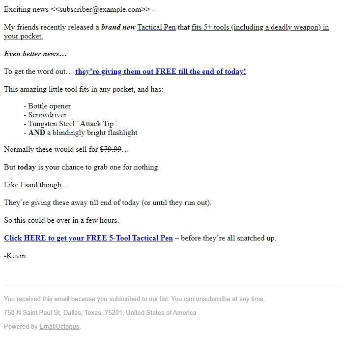 Screenshot of the email generated on import