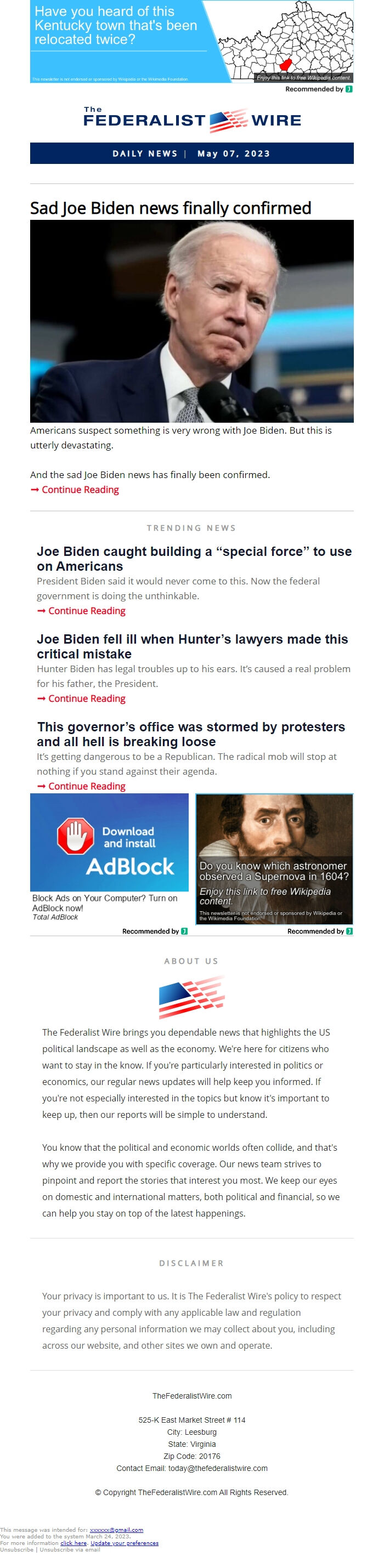Screenshot of the email generated on import