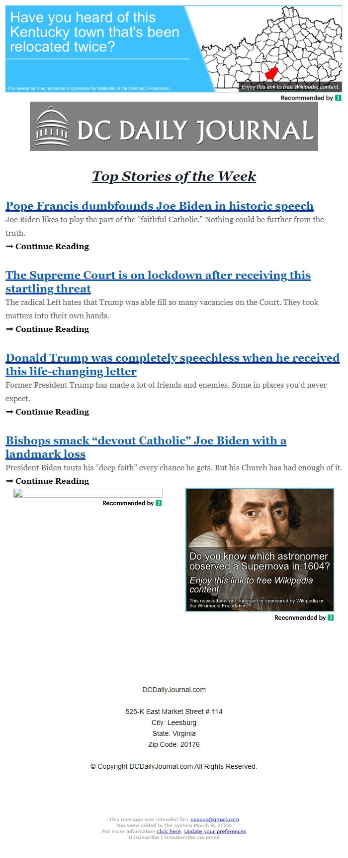 Screenshot of the email generated on import