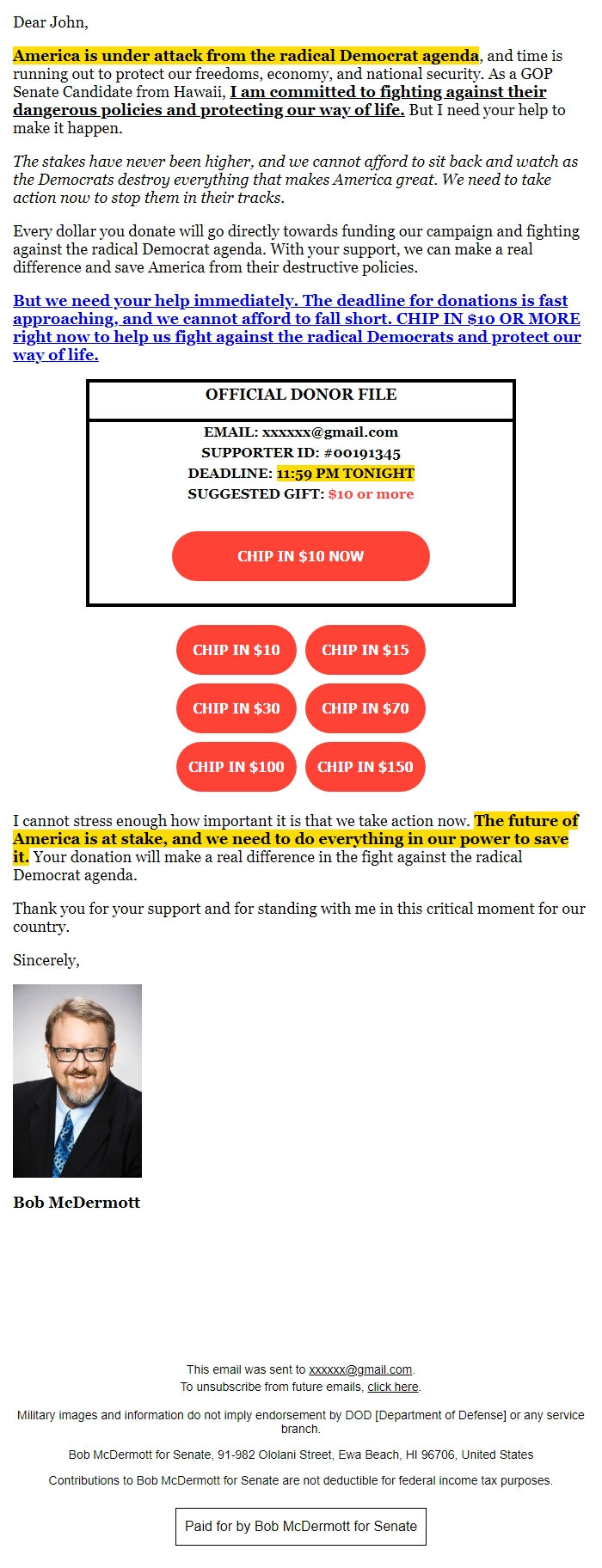 Screenshot of the email generated on import