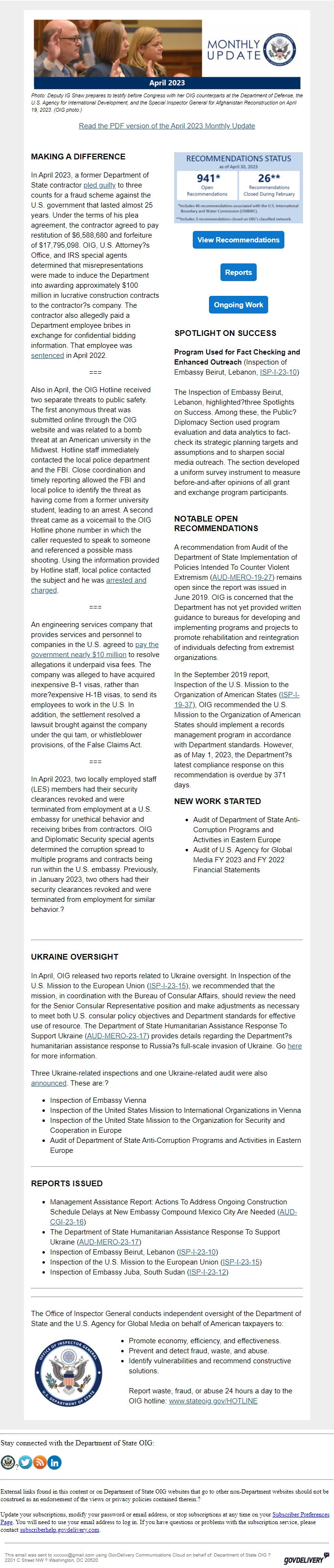Screenshot of the email generated on import