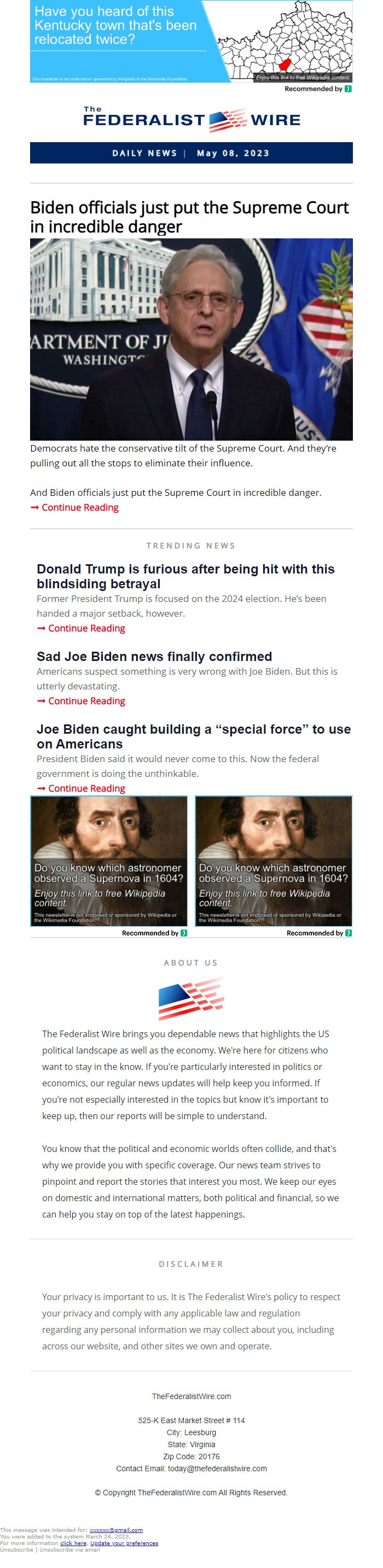 Screenshot of the email generated on import