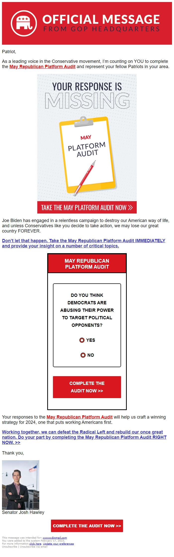 Screenshot of the email generated on import