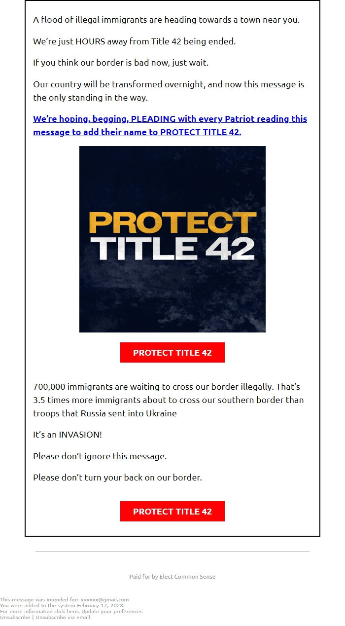 Screenshot of the email generated on import