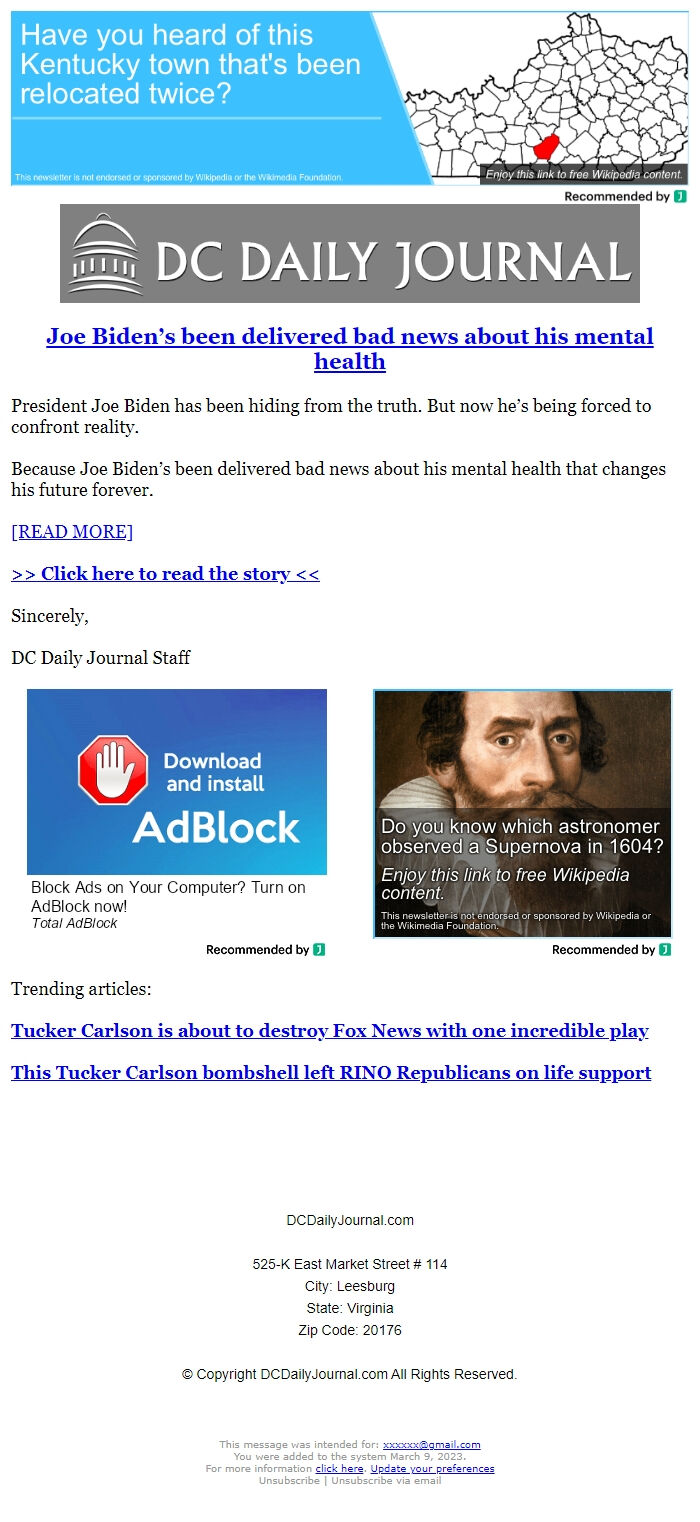 Screenshot of the email generated on import
